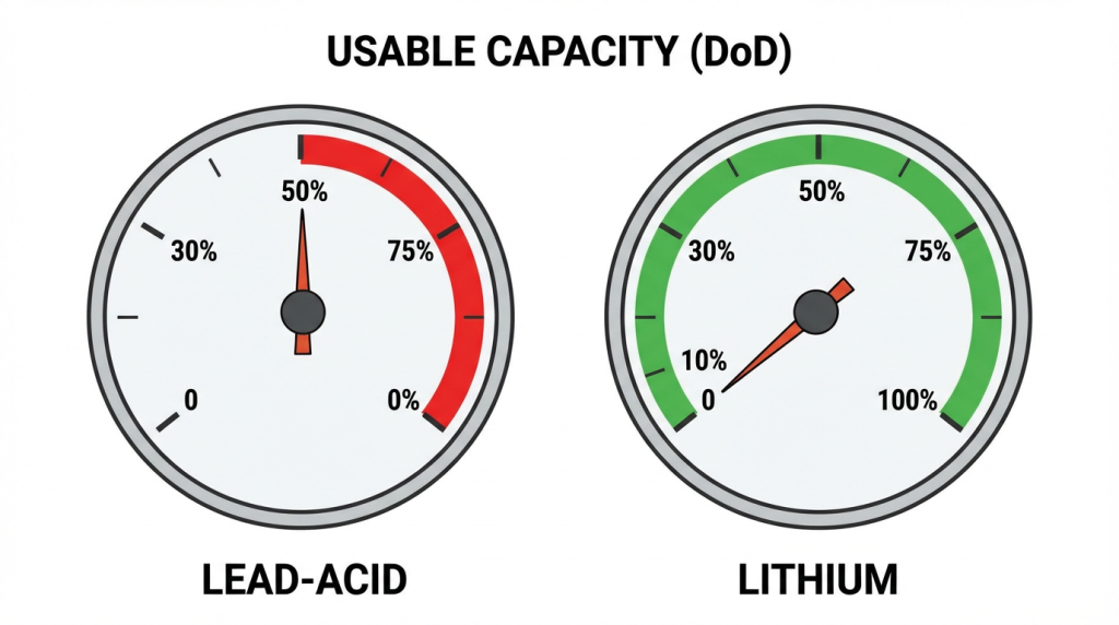 depth of discharge (dod) chart showing usable capacity of lithium vs lead acid batteries