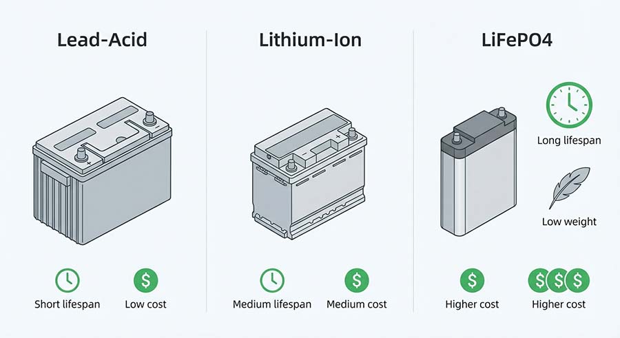 Lead-Acid, Lithium-Ion & LiFePO4 Battery Comparison (Lifespan/Cost/Weight)
