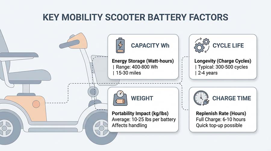 wheelchair battery key factors selection infographic