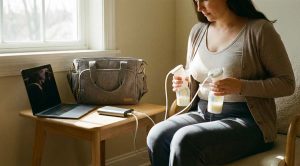 working mom pumping with spare battery
