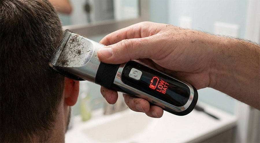 cordless clipper showing low battery warning