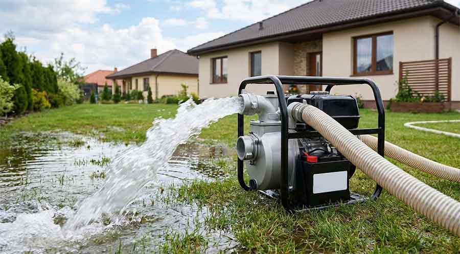 himax powered water pump draining residential yard